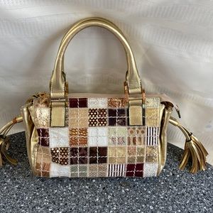 BRACCIALINI LUXURY ITALIAN LEATHER HANDBAG PURSE TOTE SATCHEL PATCHWORK GOLD